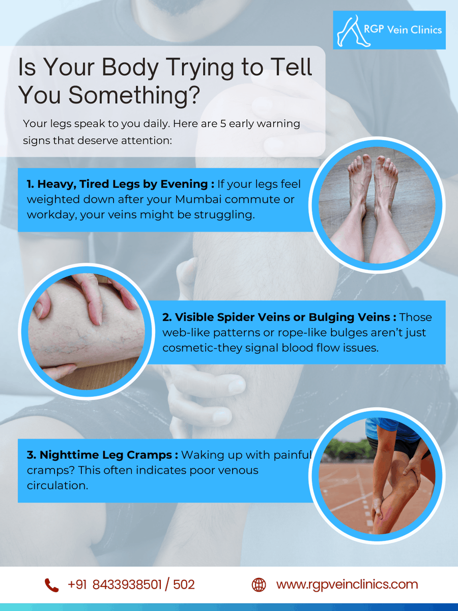 ProfRGPatil's tweet photo. Heavy, tired legs? 
Spider or bulging veins? 
Night cramps? 
Ankle swelling? 
Itching over veins?

These are early warning signs of varicose veins. 
Don’t ignore them. Early diagnosis means simpler treatment.
📞 +91 8433938501
🌐 https://t.co/FNatGeOtLl
#varicoseveins #veincare https://t.co/kErWCcCVPh