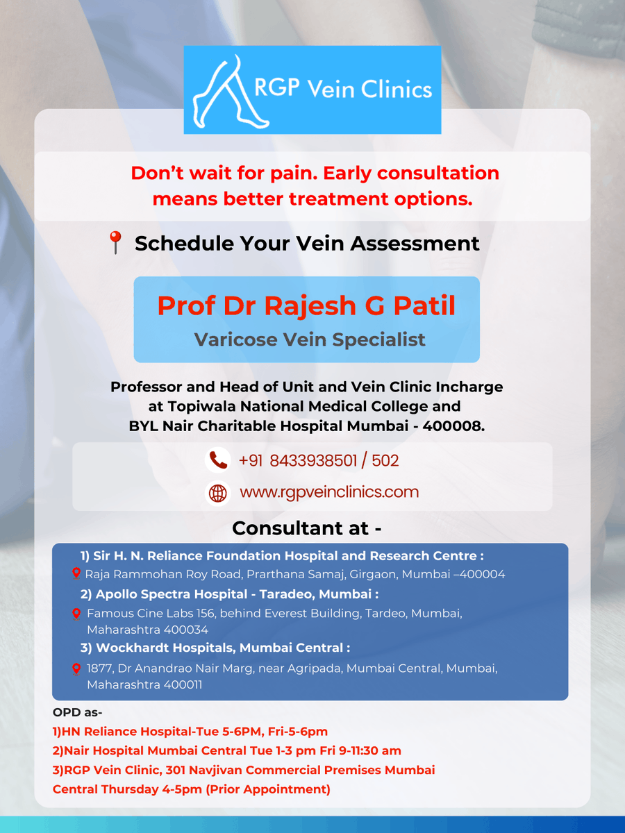 ProfRGPatil's tweet photo. Heavy, tired legs? 
Spider or bulging veins? 
Night cramps? 
Ankle swelling? 
Itching over veins?

These are early warning signs of varicose veins. 
Don’t ignore them. Early diagnosis means simpler treatment.
📞 +91 8433938501
🌐 https://t.co/FNatGeOtLl
#varicoseveins #veincare https://t.co/kErWCcCVPh