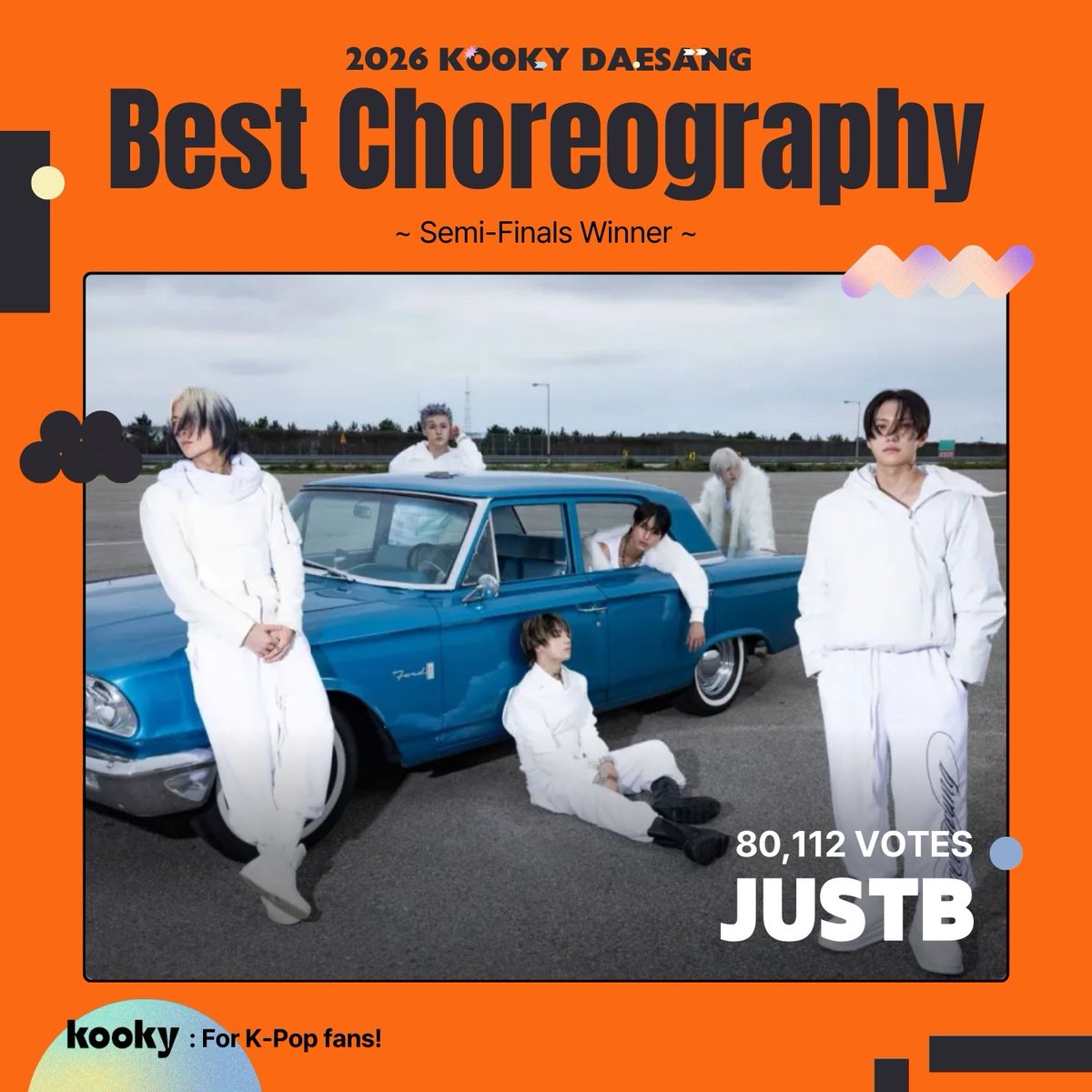 [📣 Results ]
🏆 [Semi] Kooky Daesang: #BestChoreography_2026

🏆 Announcing the TOP 2 advancing to the Final Battle >< 
#JUSTB #저스트비
#LNGSHOT #롱샷

📍 The Final Battle will be start on Today 4PM
#KookyAwards #Kookyads #2026KookyDaesang