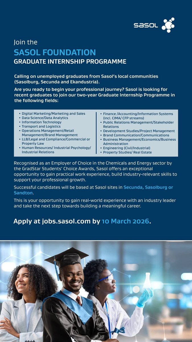 Kick start your career with the Sasol Foundation Graduate Internship Programme 11367
We’re opening 22 internship opportunities for talented graduates to gain real world experience, mentorship and the chance to make a meaningful impact.
Apply here: jobs.sasol.com/.../Secunda-Sa…