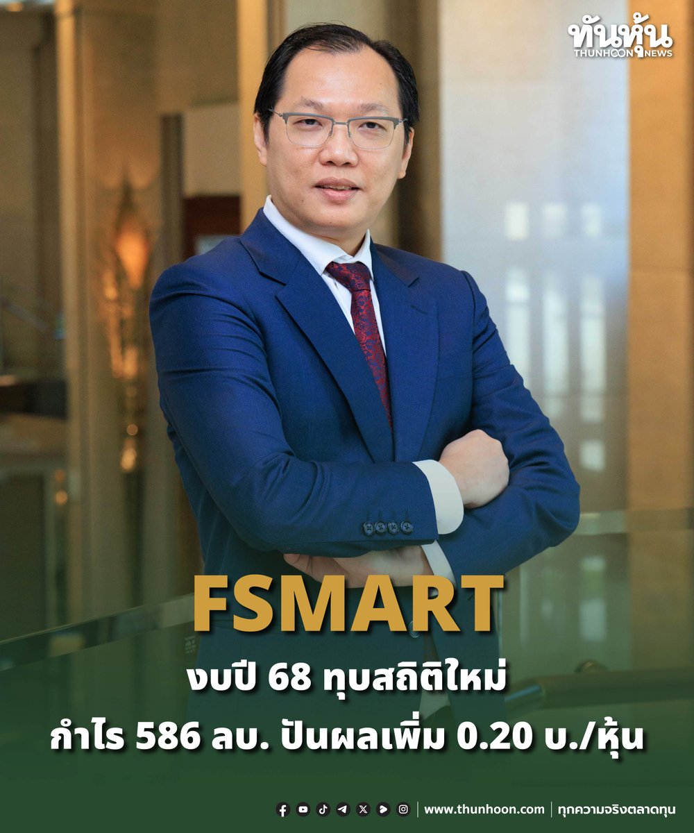 thunhoon1's tweet photo. FSMART งบปี 68 ทุบสถิติใหม่ กำไร 586 ลบ. ปันผลเพิ่ม 0.20 บ./หุ้น
อ่านเพิ่มเติม คลิก https://t.co/kctvIFgAaC
#thunhoon #หุ้น #FSMART https://t.co/JdTfKbMtb2