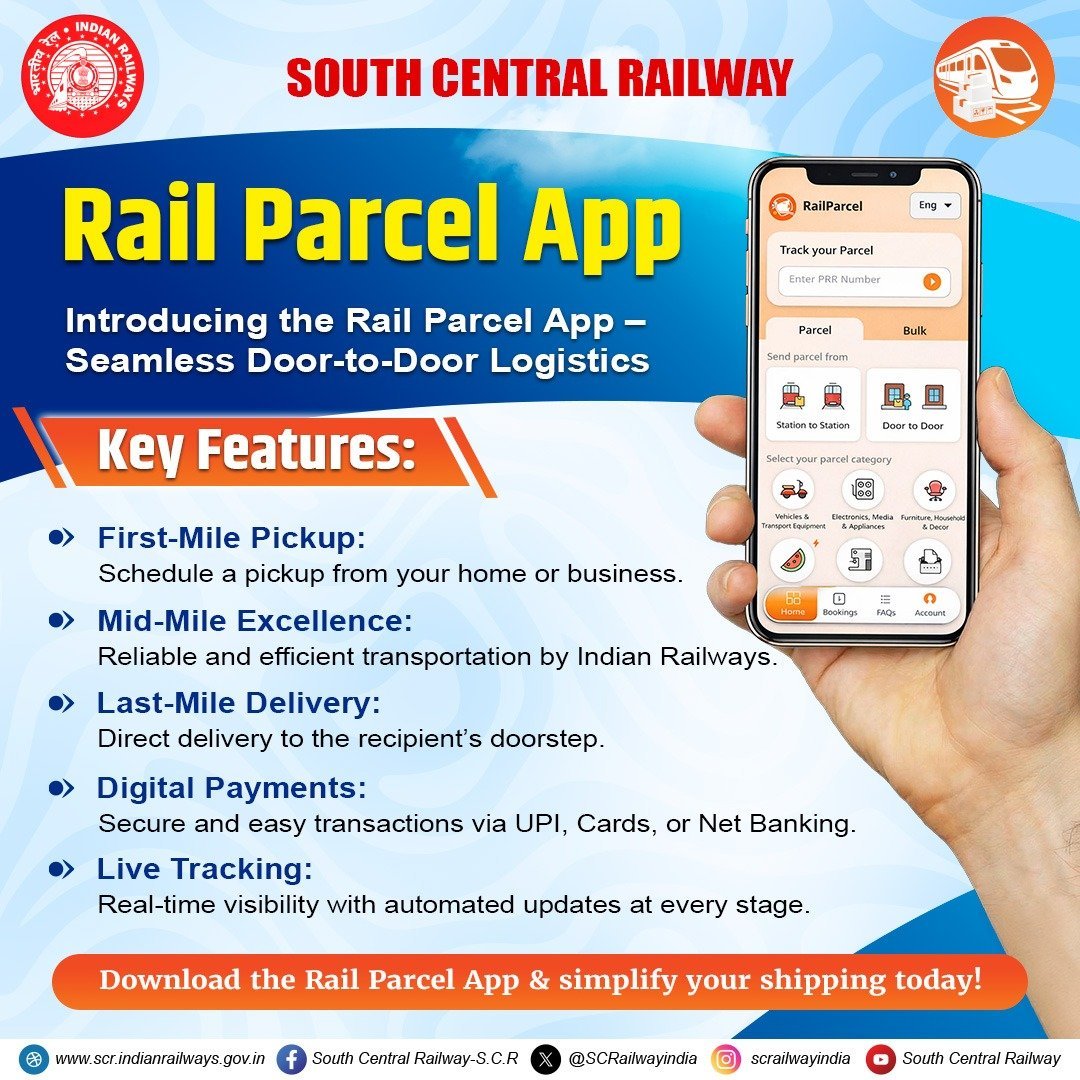 AIRNewsHindi's tweet photo. दक्षिण मध्य रेलवे (SCR) ने सिकंदराबाद रेल निलयम में अगली पीढ़ी के रेल पार्सल ऐप का शुभारंभ किया, जिससे घर से पिक-अप और डिलीवरी सहित निर्बाध माल ढुलाई सेवाएँ संभव होंगी।
@SCRailwayIndia | @drmhyb | #RailParcelApp | #IndianRailways | #SCR https://t.co/Jh4vYjeDvr