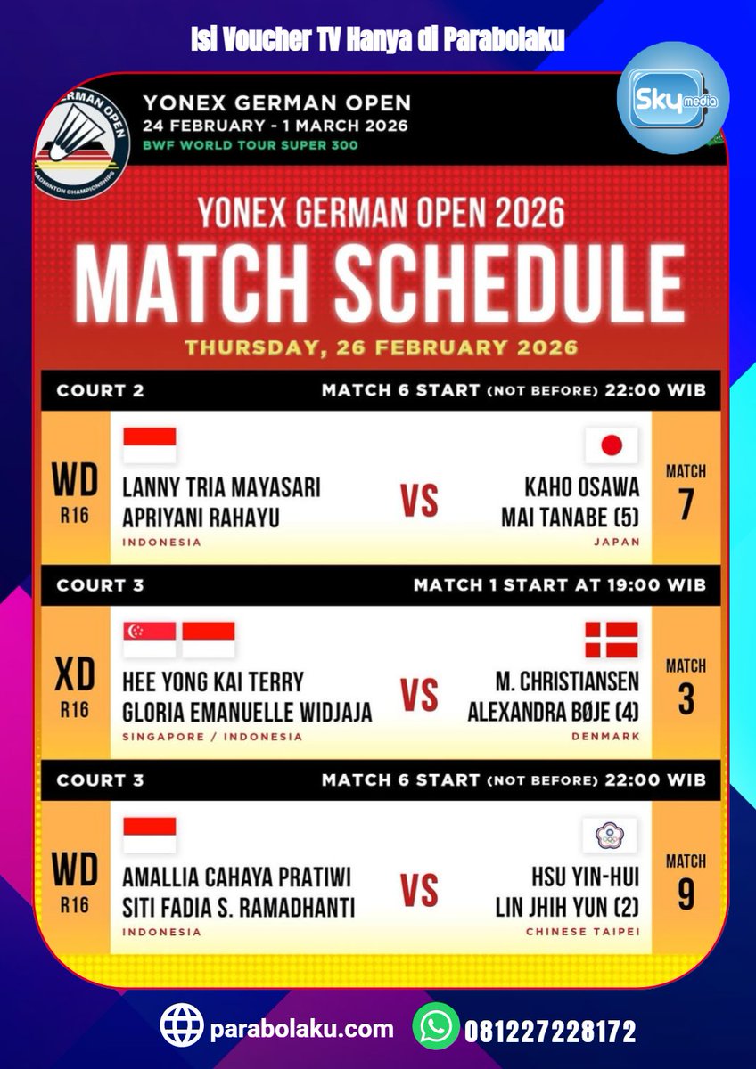 Jadwal BWF German Open hari ini guys, dukung Indonesia untuk menjadi Juara!
Info &amp; order di :
👉 WA AI Agent (Respon Instant) : wa.me/6287838575758
👉 WA CS &amp; Sales (Bantuan Manual) : wa.me/6281227228172
👉 Kunjungi kami : parabolaku.com