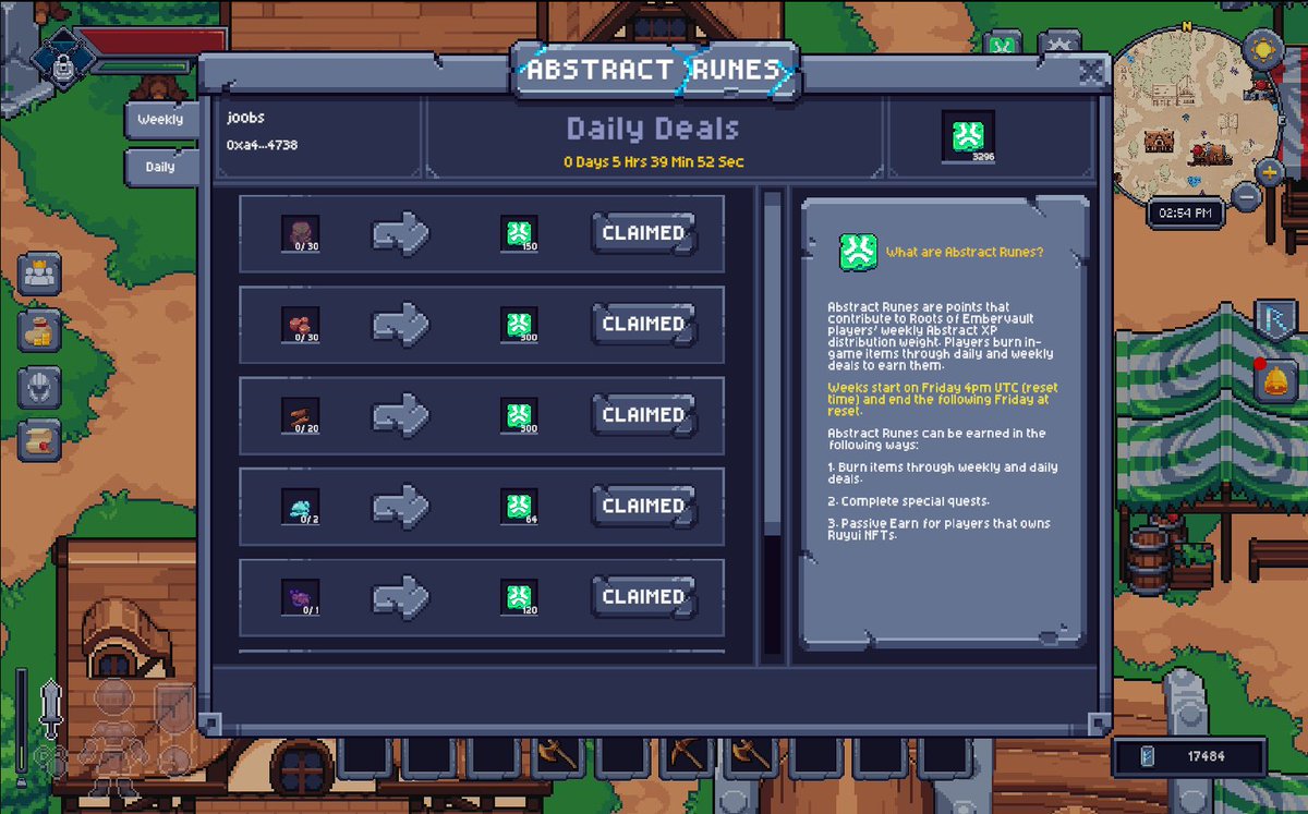 Abstract Runes are now live on <a href="/RuyuiStudios/">RUYUI: Roots of Embervault</a>!!

The with XP changes mentioned by <a href="/0xCygaar/">cygaar</a>, it's looking very bullish for gamers 🔥

Daily Deals are resetting in 5 hours ⏰

I'm sitting at 3296 abs runes currently

Leaderboard coming soon for Abs Runes!

Come join the fun on ROE!