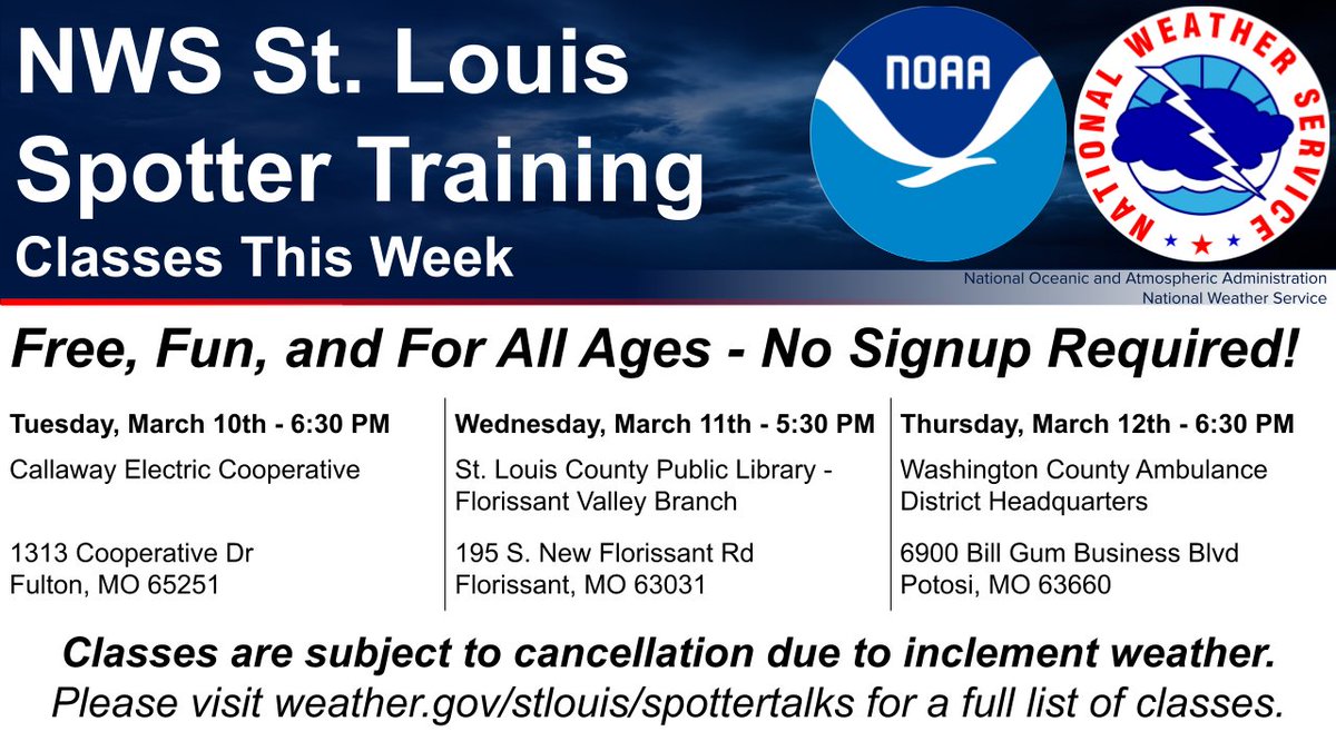 Planning out your week? Join us for a spotter class!

We have 3 more classes in the region for you to attend, and plenty more through mid-April! All classes are free, fun, and for all ages. No signup required.

Head to weather.gov/stlouis/spotte… for the full schedule.