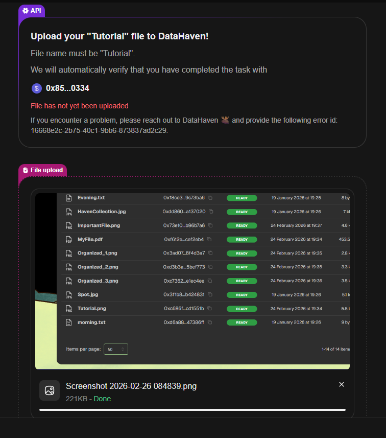 Gritik11's tweet photo. @AlexDiNunzio @RyanJLevy @real_NFT @Sabrinadegas @MayBCryptoWhale @theshaysh0w @ProductPiotr Hi DataHaven team,
I uploaded the file named "tutorial.png" but it still says not uploaded. Is the file name case-sensitive or should it have no extension? 

Fix This issue, Kind Sir! https://t.co/fRphQqmNvR
