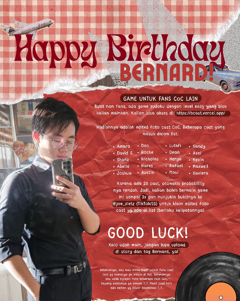 pengenkerjaa's tweet photo. ✨️Bernard's Main Birthday Project✨️
Guys ikutan main game yuk, nanti bisa dapet photocard online sampai scrapbook loh 😉
Easy : https://t.co/esDwJ8GTu9
Medium: https://t.co/6Dpo1Noi1k
Cast lain: https://t.co/ynre78g4as
#HAPPYBERnardDAY #Born2Be2nard #BERNtoShine #Bernard https://t.co/z1Lcjjg2Py