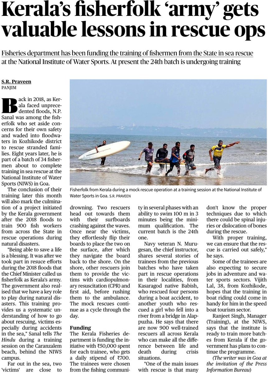 A project initiated by the Kerala government after the 2018 floods to train 900 fish workers in rescue operations during natural disasters is nearing completion with the last batch of 34 fishermen set to pass out from the National Institute of Water Sports in Goa this week.