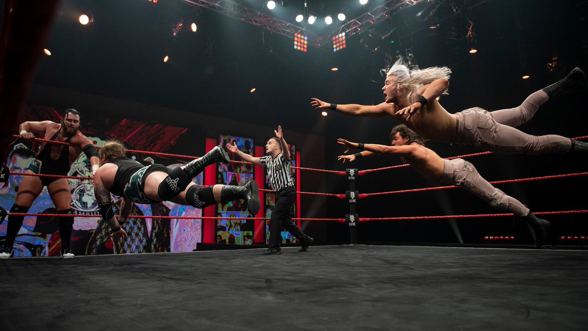 NXTUK_Legacy's tweet photo. Feb. 25, 2021:
At BT Sport Studios, #PrettyDeadly (@KitWilson_PD & @EltonPrince_PD) defeated #Gallus' @m_coffey90 & @WolfgangYoung with Spilt Milk to win the #NXTUK Tag Team Championships! #YesBoy #AndNew
📸 WWE https://t.co/kLpg3yEuOp