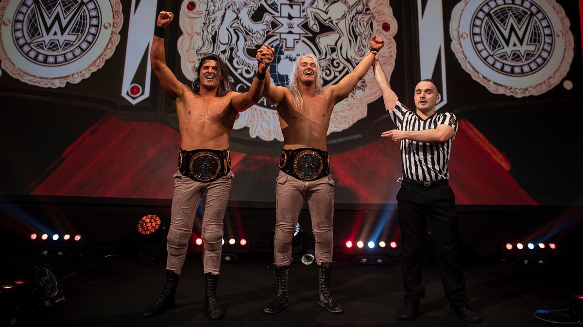 NXTUK_Legacy's tweet photo. Feb. 25, 2021:
At BT Sport Studios, #PrettyDeadly (@KitWilson_PD & @EltonPrince_PD) defeated #Gallus' @m_coffey90 & @WolfgangYoung with Spilt Milk to win the #NXTUK Tag Team Championships! #YesBoy #AndNew
📸 WWE https://t.co/kLpg3yEuOp