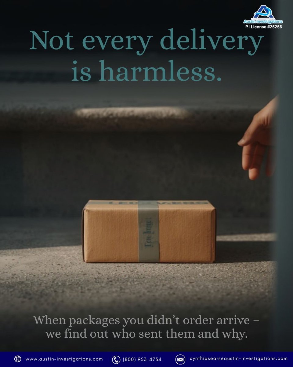 cynthiasears59's tweet photo. Unwanted deliveries aren't always accidents. What seems minor today could point to a larger issue tomorrow.

Contact Austin Investigations for discreet identity and package investigation support.

#IdentityCheck #AustinInvestigations #PackageInvestigation #ProtectYourName https://t.co/vXTRdtYZGf