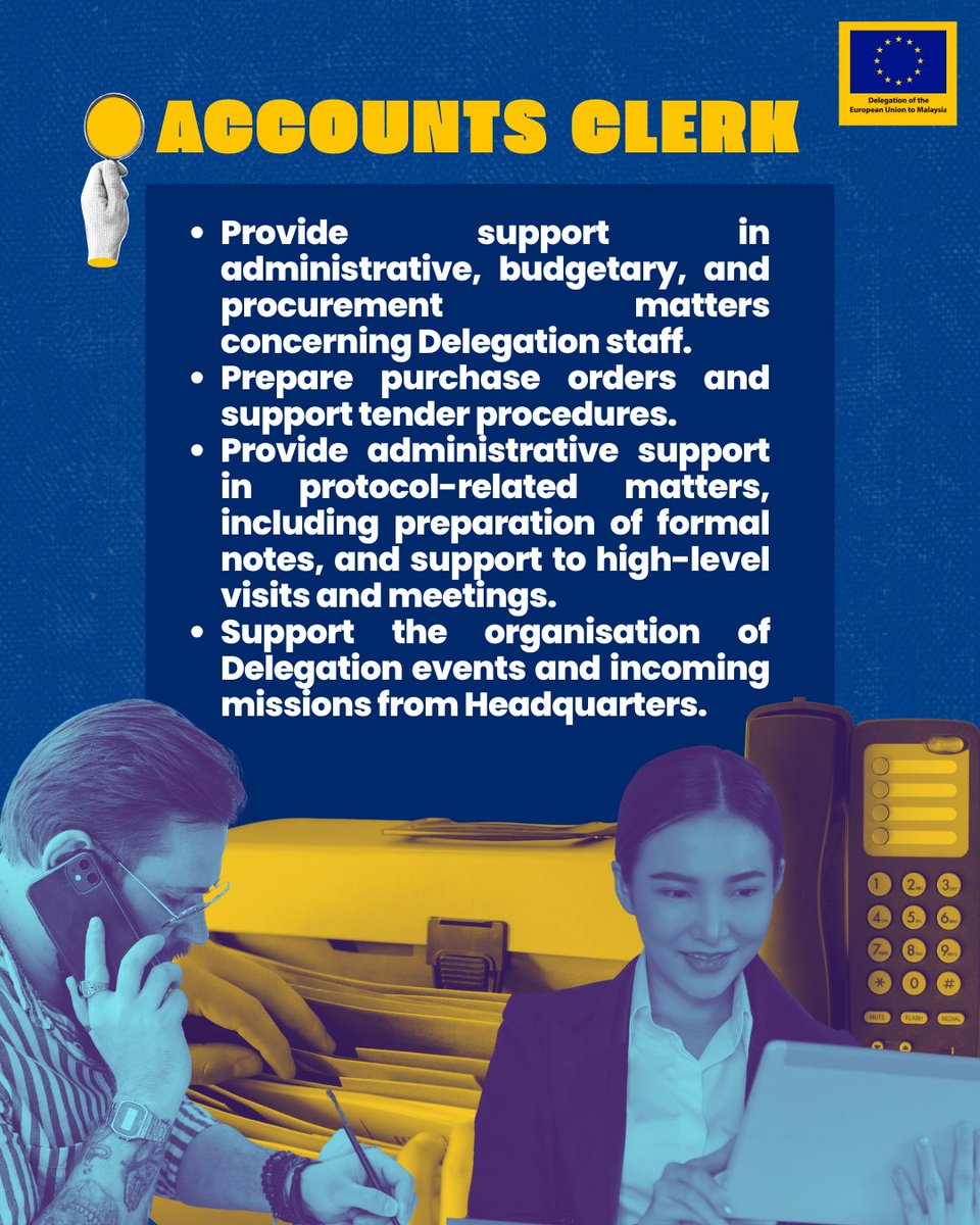EUinMalaysia's tweet photo. The Delegation of the European Union to Malaysia is hiring in the following position:

📑 Accounts Clerk - LA III

Application deadline: 16 March 2026

🔗 Find out more about the role and apply via https://t.co/cznMnSIgv7

#EUinMalaysia 🇪🇺🤝🇲🇾 https://t.co/LsXh3rEW6m