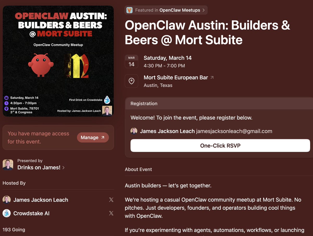 jamesjackson's tweet photo. Hey @steipete, tell your friends if they're in Austin during SXSW, drinks on me @MortSubiteATX. Excited to meet more builders in the @openclaw community. https://t.co/WYksfm5ufO