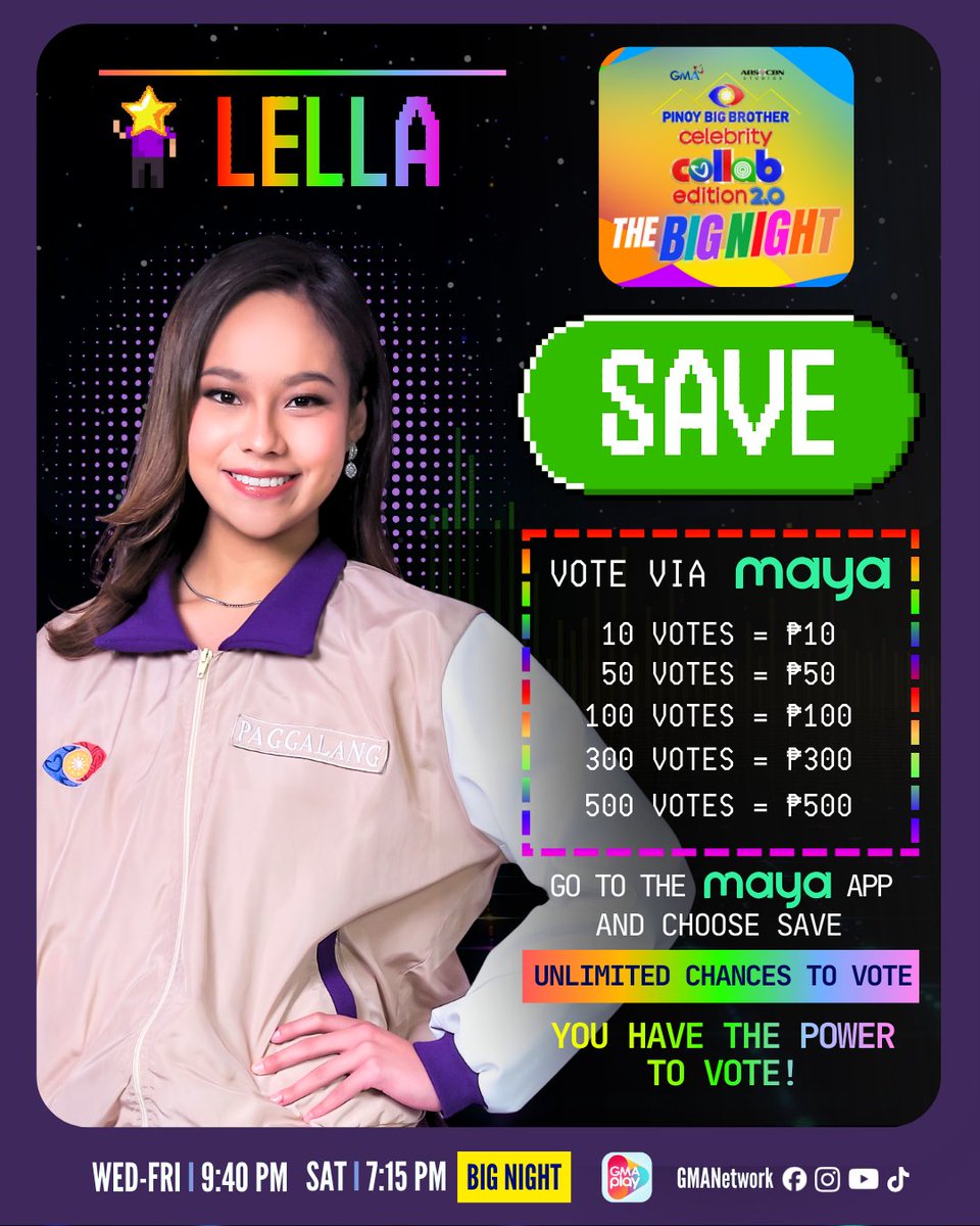 Vote to choose LELLA as your KAPAMILYA BIG WINNER with Maya! ✨🏠

Don’t miss the Big Night this Saturday at 7:15 PM on GMA Network!

#GMAPBBCollab