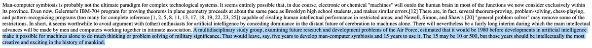 alexolegimas's tweet photo. AI tools have made research incredibly exciting. 

J. C. R. Licklider called this period the "Man-Computer Symbiosis" and predicted they would be the most intellectually exciting in the history of mankind. But they won't last long... 

Here's the excerpt from his 1960 (!!!) essay. Sounds pretty familiar.

h/t @glenweyl 
https://t.co/J5z9BPj2Gg