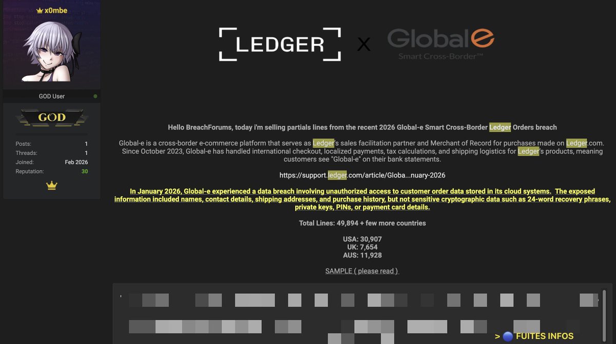 KuptoKosmos's tweet photo. 🚨🗃️ Si vous avez commandé un @Ledger entre fin 2023 et début 2026, considérez que vos coordonnées personnelles sont désormais disponibles...

Le message est clair : "Bonjour BreachForums, aujourd'hui je vends des extraits de lignes provenant de la récente violation de données Global-e Smart Cross-Border Ledger Orders de 2026"

🔴 Données mises en vente (49 894 lignes + quelques pays supplémentaires)

- Nom + prénom
- Adresse e-mail + numéro de tél
- Adresse postale complète

- Produit : Ledger Nano S Plus, Nano X, Flex, Stax, Family Pack, etc... 

🟢 Les 24 mots de récupération, les clés privées, les PINs Ledger et les données de cartes bancaires ne sont pas compromis.

Cette fuite n’attaque pas directement la sécurité cryptographique de votre Ledger (vos clés restent protégées sur l’appareil). En revanche, elle constitue une menace physique très concrète... 

🔴 Dans le contexte actuel de kidnapping disposer simultanément de L’adresse exacte du domicile + La preuve d’achat d’un hardware wallet Ledger = Une combinaison extrêmement attractive pour les groupes criminels.

🛡️ Les données sont déjà en circulation, vigilance maximale pendant les 3-6 prochains mois :

👉 Appels, SMS, e-mails ou visites non sollicitées vous signalez et ne répondez jamais

👉 Ne communiquez jamais vos 24 mots, même à quelqu’un qui prétend être du support Ledger

👉 Si vous possédez des gros montants :

- Utilisez une adresse de livraison tierce (boîte postale, société de domiciliation) pour tout futur achat.

- Renforcez la sécurité physique (coffre-fort, alarme, caméra).

👉 Vérifiez immédiatement si votre e-mail apparaît dans des fuites via HaveIBeenPwned et des outils dark-web

👉 Activez partout l’authentification à deux facteurs (2FA) hardware lorsque c’est possible.

⚠️ PRÉCISION IMPORTANTE : Ledger elle-même n’a pas été piratée, c’est un prestataire tiers qui a failli...

Global-e est le partenaire officiel de Ledger depuis octobre 2023 pour tout le checkout international, les paiements localisés, les calculs de taxes et la logistique d’expédition. La fuite date de janvier 2026 : accès non autorisé aux données de commandes clients stockées dans les systèmes cloud de Global-e.

C’est malheureusement le scénario classique quand vos jetons dépendent de plusieurs tiers de "confiance"

Restez prudent, restez informé, restez on-chain 🔒

#Cybersecurity