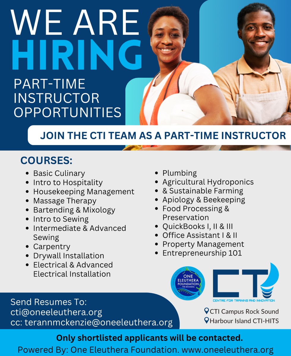 ✨ NOW HIRING: PART-TIME INSTRUCTORS ✨Don’t miss the chance to join a passionate, purpose-driven team. 🙌🏾
📩 Send your resume to: cti@oneeleuthera.org
CC: terannmckenzie@oneeleuthera.org
Step forward. Teach. Lead. Inspire. 🚀💼
#NowHiring #WeAreHiring #CTI #OneEleuthera