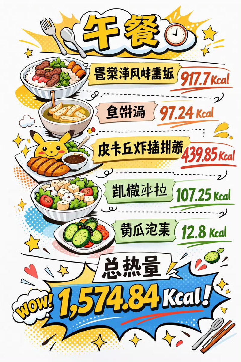 兔兔的萌萌食光🐰✨

🍛 午餐

🍚 鹭梁津风味盖饭 917.7 Kcal
🍢 鱼饼汤 97.24 Kcal
🟡 皮卡丘炸猪排酱 439.85 Kcal
🥗 凯撒沙拉 107.25 Kcal
🥒 黄瓜泡菜 12.8 Kcal

✅ 总热量 1,574.84 Kcal

#토토의몽몽식시간 
#DOYOUNG #도영