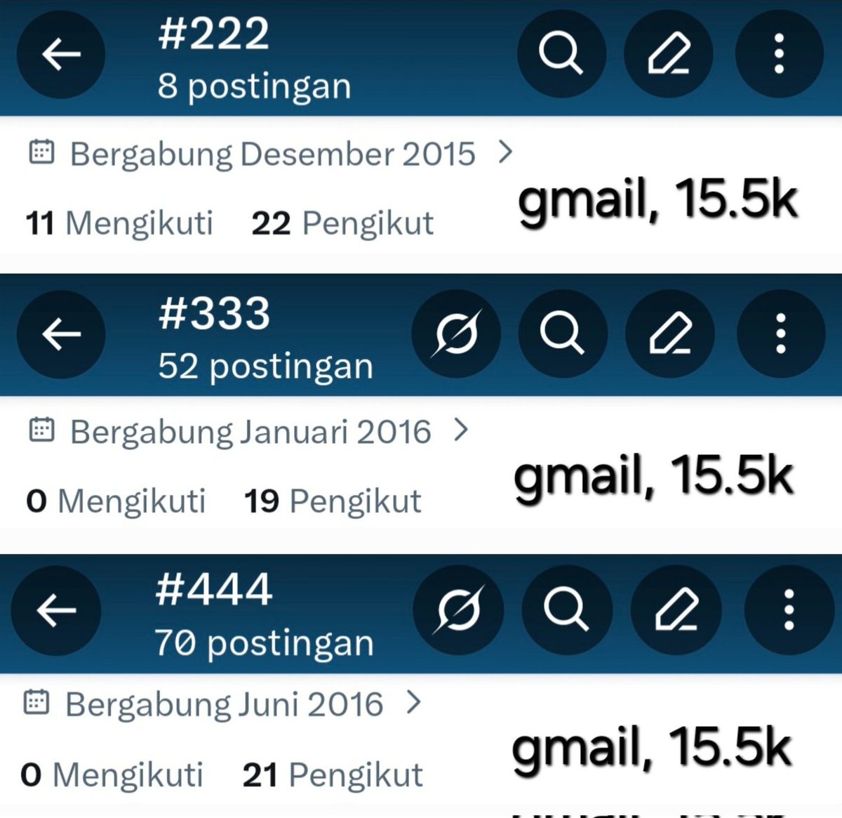 [ ♡ ] wts acc inact hd warna

𐙚  verif email only
𐙚 dom tertera
𐙚 masuk mt, ht dimainin
𐙚 dapat data lengkap

take ke telegram only yaa! #zonauang