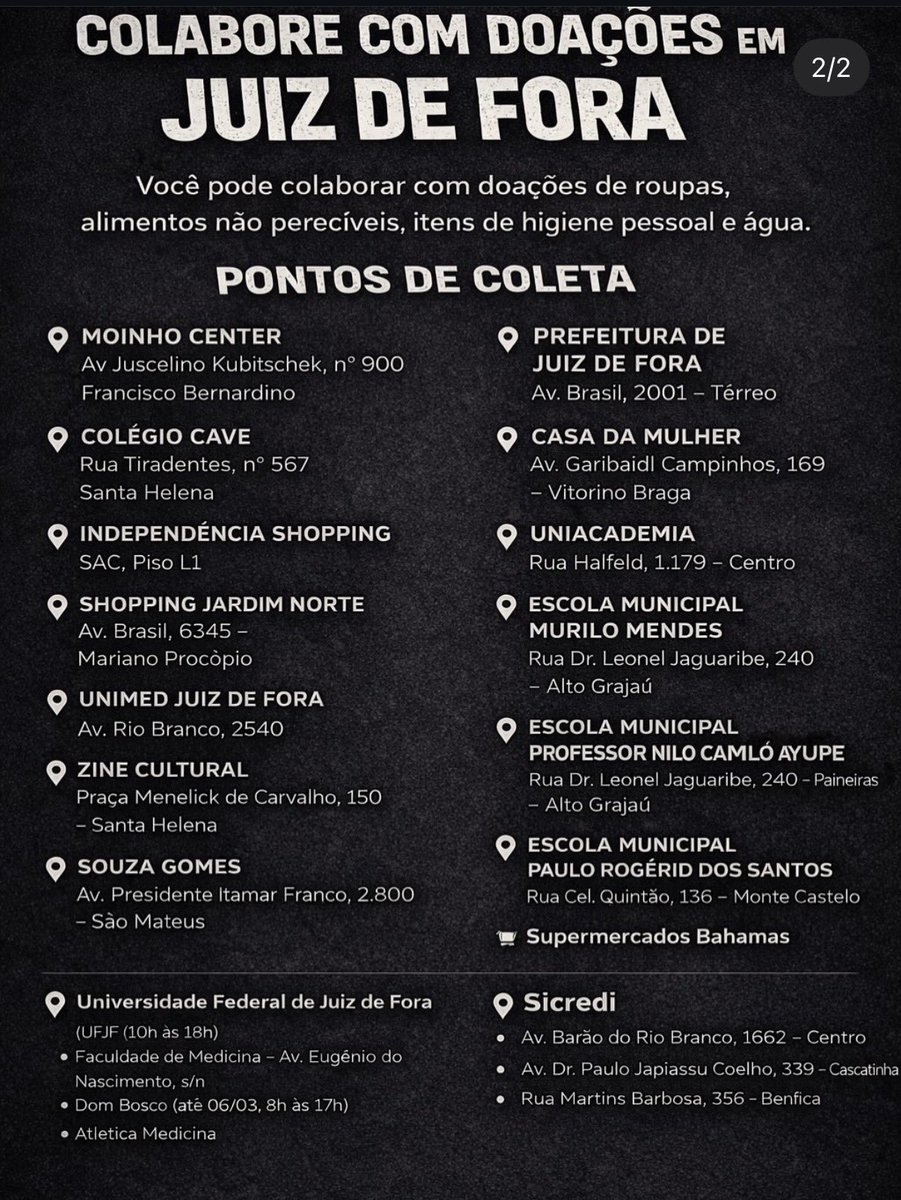 ARMYS, ANTENÇÃO!! 🚨

Fortes chuvas que atingiram a Zona da Mata Mineira nos últimos dias causaram devastação em cidades como Juiz de Fora e Ubá, com uma média de +40 m0rtas, dezenas de pessoas desaparecidas e centenas de desabrigados, segundo informações de autoridades e do