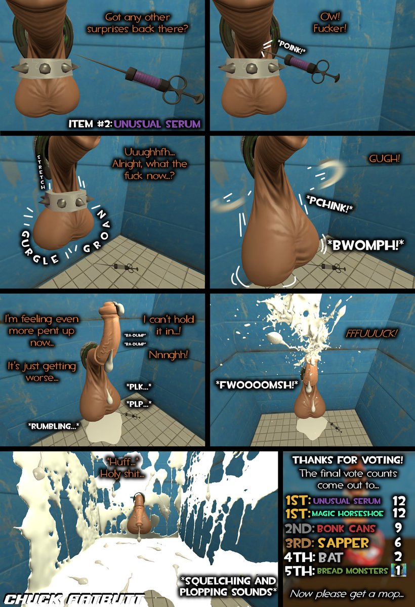 The votes are in, and we have a tie! The winning items are...

Magic Horseshoe and Unusual Serum!

Thank you to everyone who participated and cast your vote! Enjoy this 2-parter mini-comic!

#Gmod #TF2 #NSFW #FemmePyro