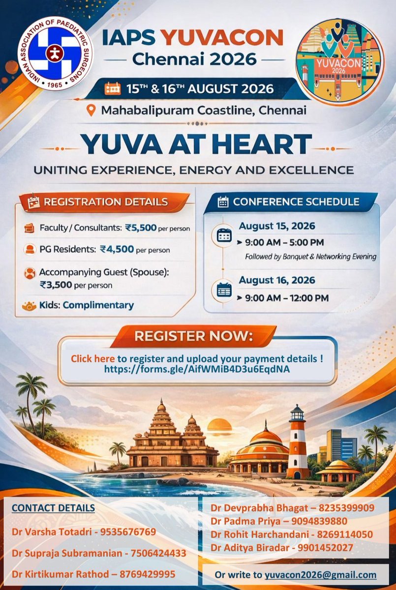 IAPSIndia's tweet photo. 🚀 Registration for YUVACon 2026 is OPEN!
Join us for a youth-driven pediatric surgery conference full of fresh ideas, meaningful discussions &amp; next-gen energy.

👉 Register now: https://t.co/fTQDwNykAO

📍 Accommodation &amp; venue details coming soon. Stay tuned ! https://t.co/EQaQS8FGhV