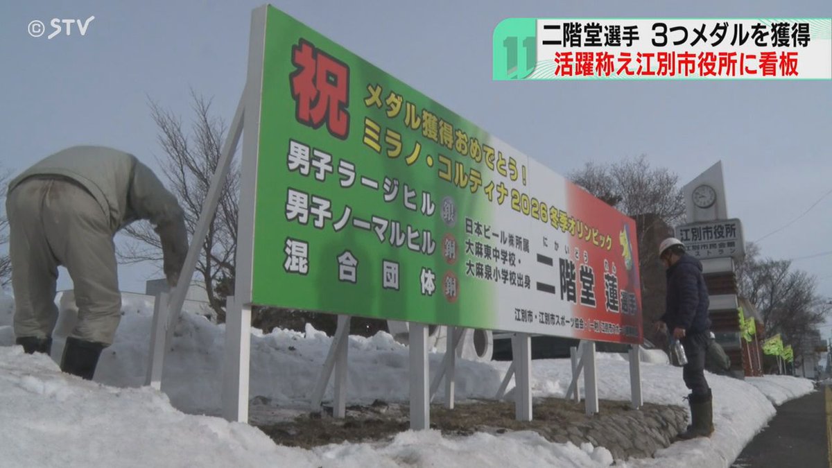 stvhoudoubu's tweet photo. 江別市出身で初のメダリスト　二階堂蓮選手の活躍称え看板　「市民と感動を共有できれば」市役所前に設置 

#スキージャンプ #二階堂蓮 #江別市役所

https://t.co/uuTVSY5GCy @YouTubeより https://t.co/sZnhBljJ2T
