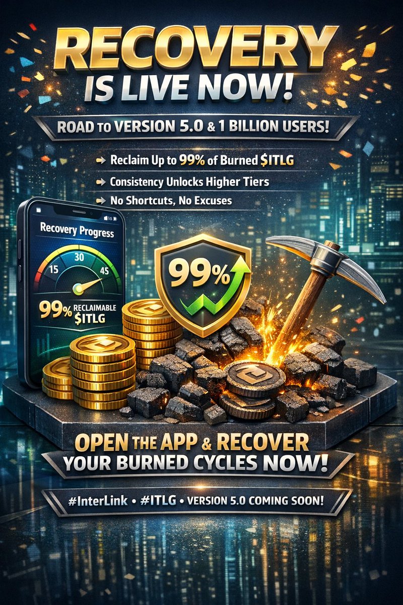 durgakiran111's tweet photo. 🚨 OFFICIAL UPDATE: RECOVERY IS LIVE NOW! 🥳
The Recovery Mechanism is now LIVE — a crucial step toward Version 5.0 and our mission to onboard 1 BILLION users 🌍
🔥 Reclaim up to 99% of burned $ITLG
#InterLink #ITLG #InterLinkNetwork #RecoveryLive #CryptoMining https://t.co/uQuy3u94M0