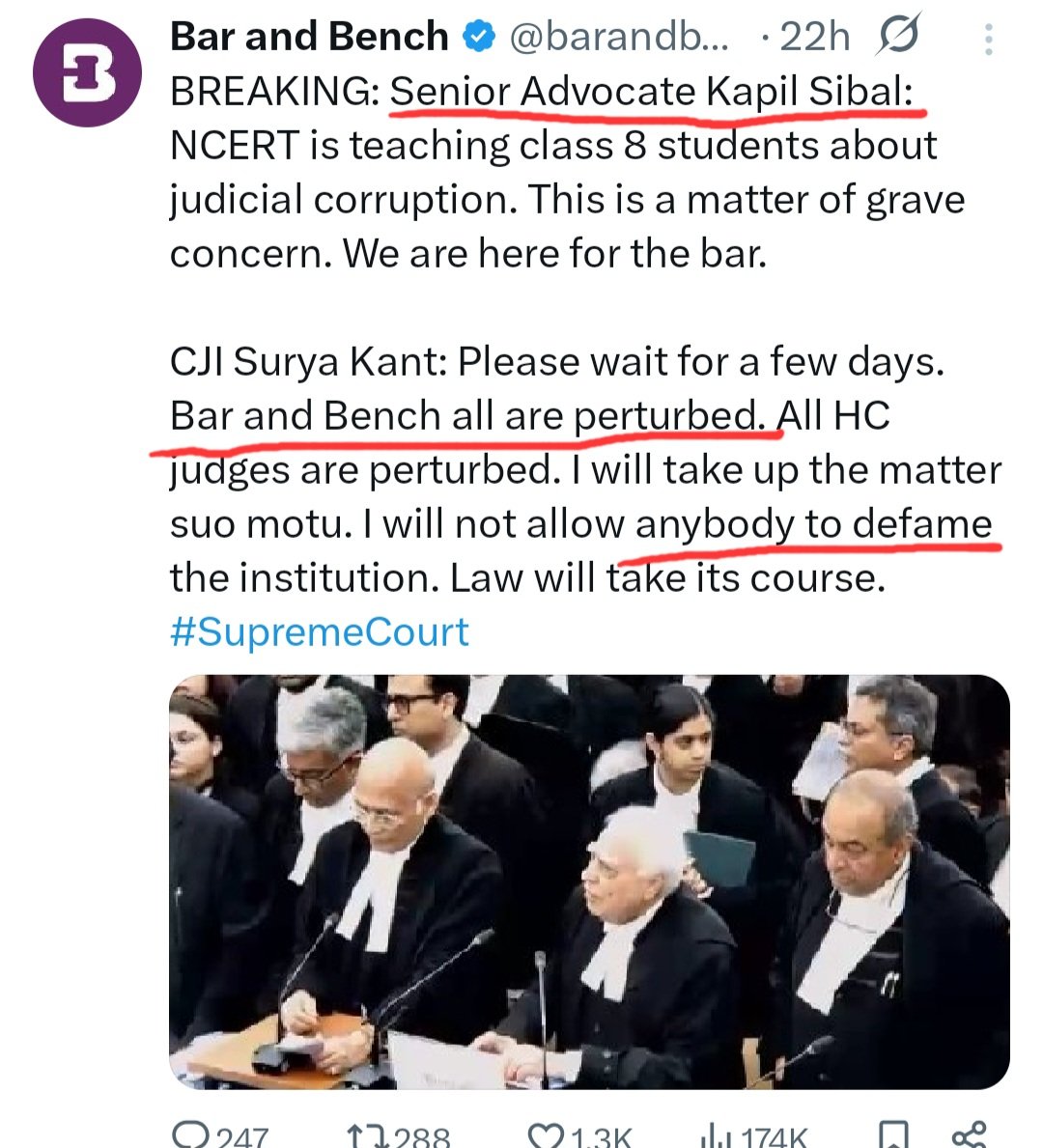 realsiff's tweet photo. People are idiots. That is why they vote lawyers during parliament elections.

As per lawyer Kapil Sibal &amp; Judge Surya Kant,"Corrupt judges and unscrupulous lawyers are not at all defaming judiciary. It is NCERT books discussing corruption are defaming it."

Dark day for India!! https://t.co/2uwOshY6fj