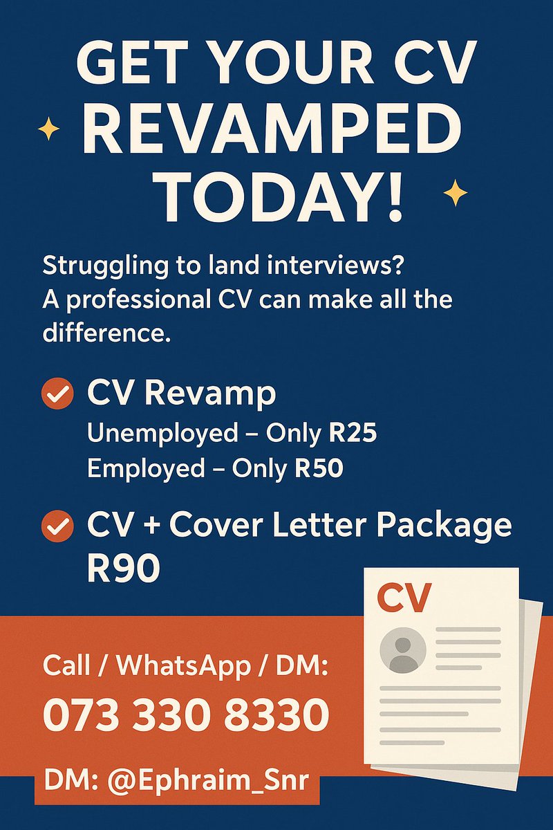 Ephraim_Snr's tweet photo. Revamp your CV to attract recruiters
Only R25 for the unemployed and R50 for the employed. CV + Cover letter R90

Dm, call or WhatsApp: 073 330 8330 https://t.co/YHFNa0gHoB