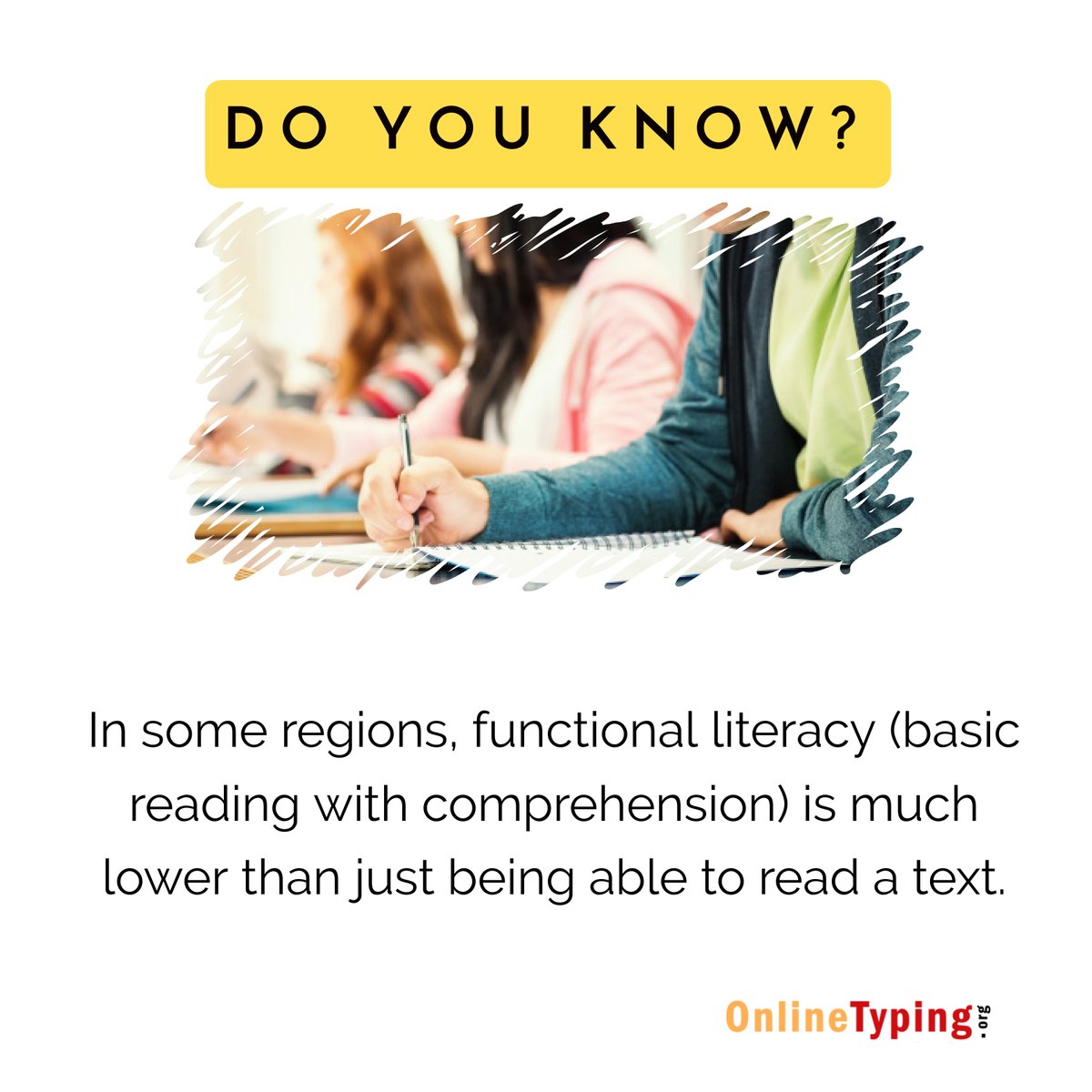 AnythingType's tweet photo. In some regions, functional literacy (basic reading with comprehension) is much lower than just being able to read a text.
To learn touch typing visit: https://t.co/I6pYvLlThx
#literacy #students #typing #keyboard #OnlineTyping #touchtyping #typingtutor #learning #education https://t.co/EXsIVCfy46