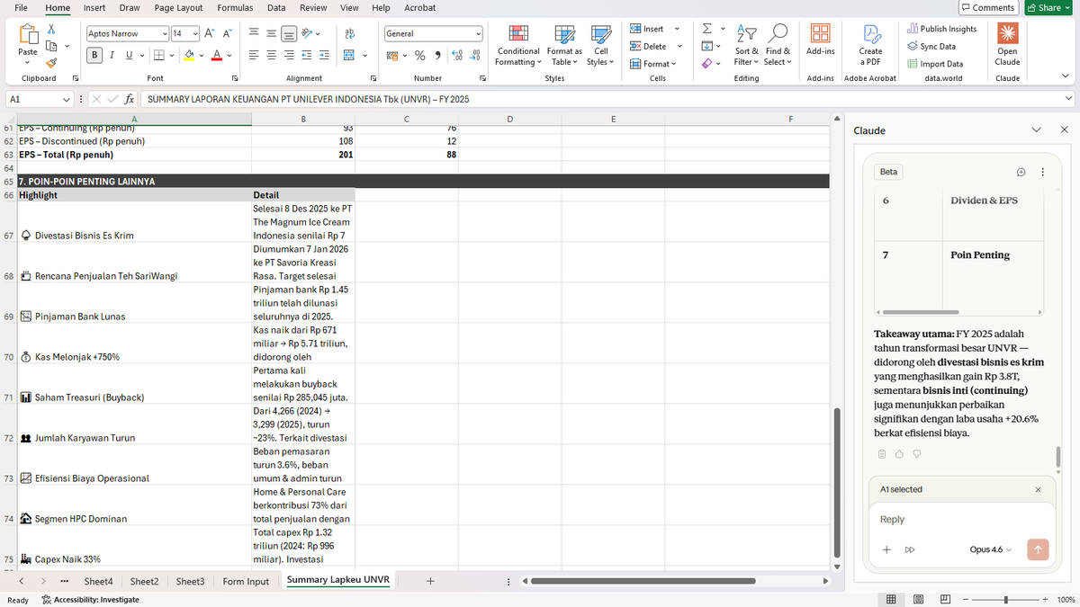 Tadi pagi coba upload PDF (lapkeu UNVR) ke Claude in Excel. 

Saya minta coba rangkumkan poin2 pentingnya. Hasilnya seperti ini.