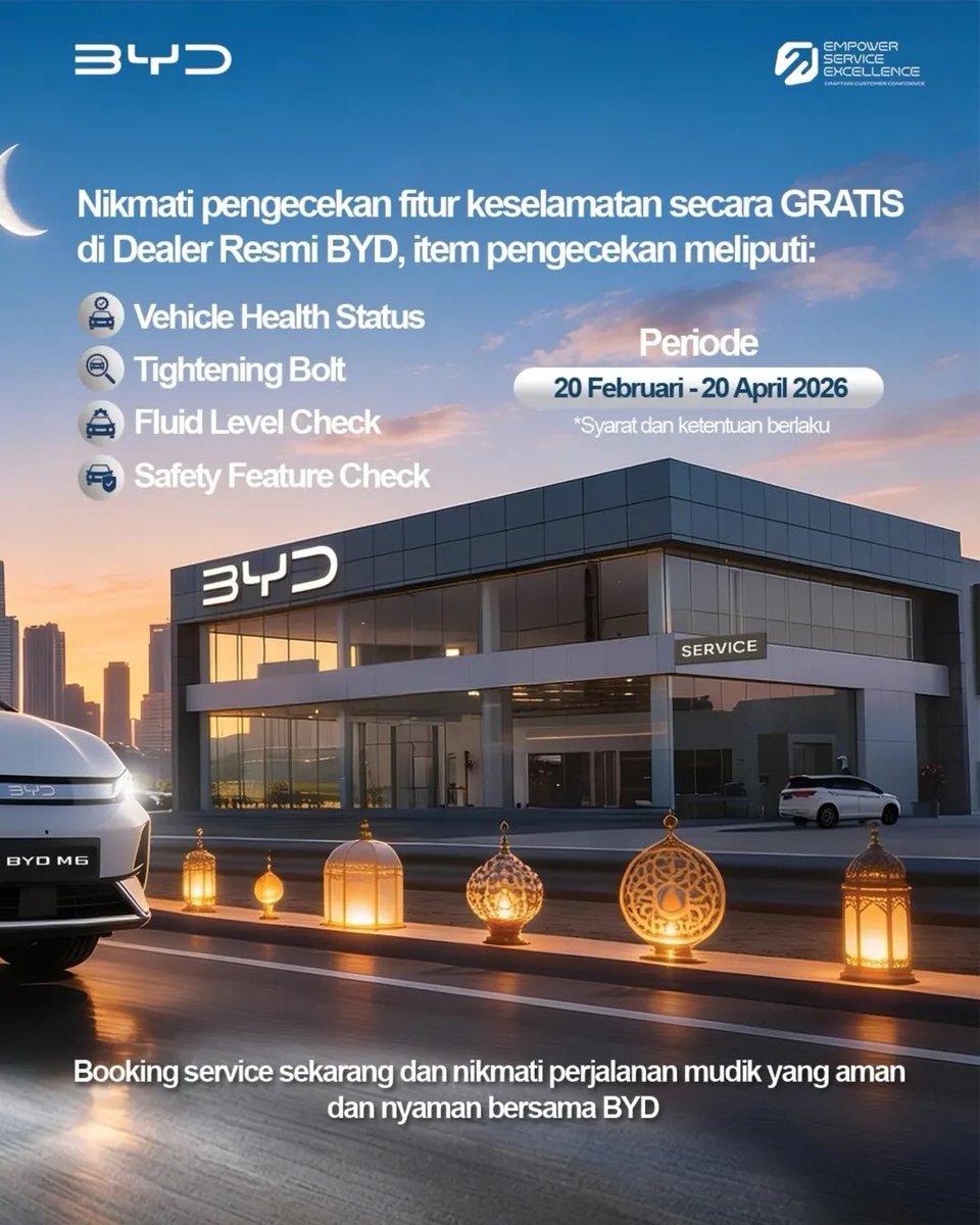 BYD_HakaAuto's tweet photo. Perjalanan pulang bukan cuma soal tiba, tapi rasa tenang di sepanjang jalan.

Pastikan mobilmu siap mudik dengan Free General Safety Check dari BYD, agar perjalanan lebih nyaman bersama orang tersayang. 🚗

#BYDIndonesia #BYDHakaAuto #SafetyCheckBYD #MudikAman https://t.co/YlJCxOxjWo