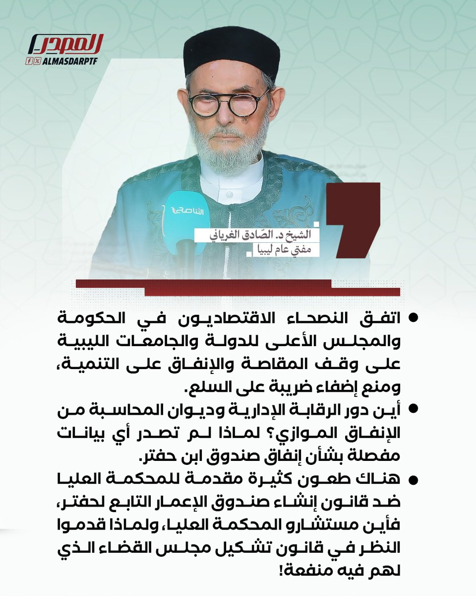 مفتي عام ليبيا الشيخ الصادق الغرياني  :

- التسارع في ارتفاع الدولار له أسباب ينبغي أن تعالج، لا أن تتخذ مسكنات تكون نتيجتها ارتفاع الدولار مجددا

- 70 مليار دينار أنفقت عبر الإنفاق الموازي خلال العام الماضي وهذا من أهم أسباب ارتفاع الدولار
 
- استمرار الإنفاق الموازي يعد نذير