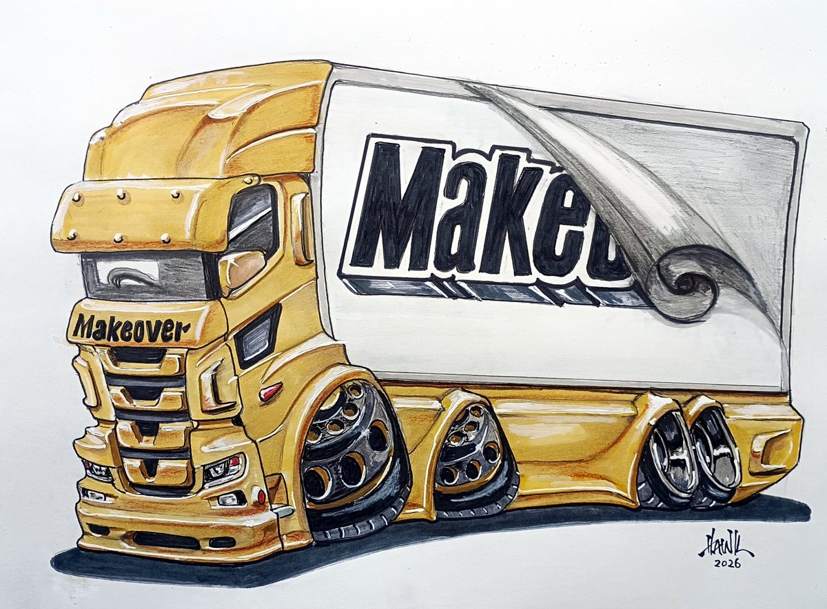Hawk71861099's tweet photo. お疲れ様です✋
今回はメイクオーバーさんから
ステッカーにするイラストを依頼していただきました。
注文はユーロトラックで箱以外はゴールドっぽくとの事
そこでベースはプロフィア風でワイドエアロ　エアロミラー　ブラックホイールのイラストに✏
ご依頼有難うございました。
#トラックイラスト https://t.co/dRf8A9YeKD