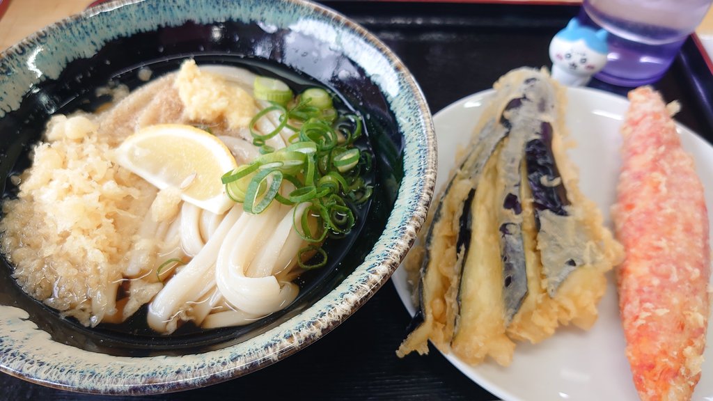 ぶっかけ小冷たいの！
ナスとカニカマの天ぷら！
麺のコシが凄いやつ！
美味しかったー✨