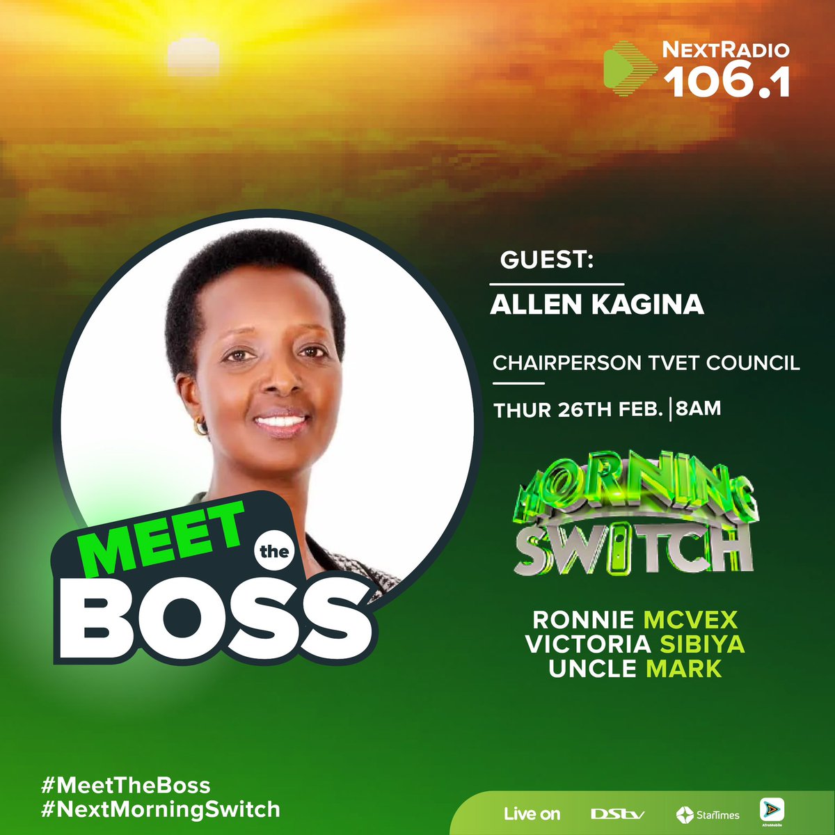 Today on #NextMorningSwitch <a href="/nextradio_ug/">Next Radio 106.1FM</a> we throw back with the impeccable  <a href="/Allen_Kagina/">Allen Kagina</a> on MEET THE BOSS.
Your questions to her are very welcome now.