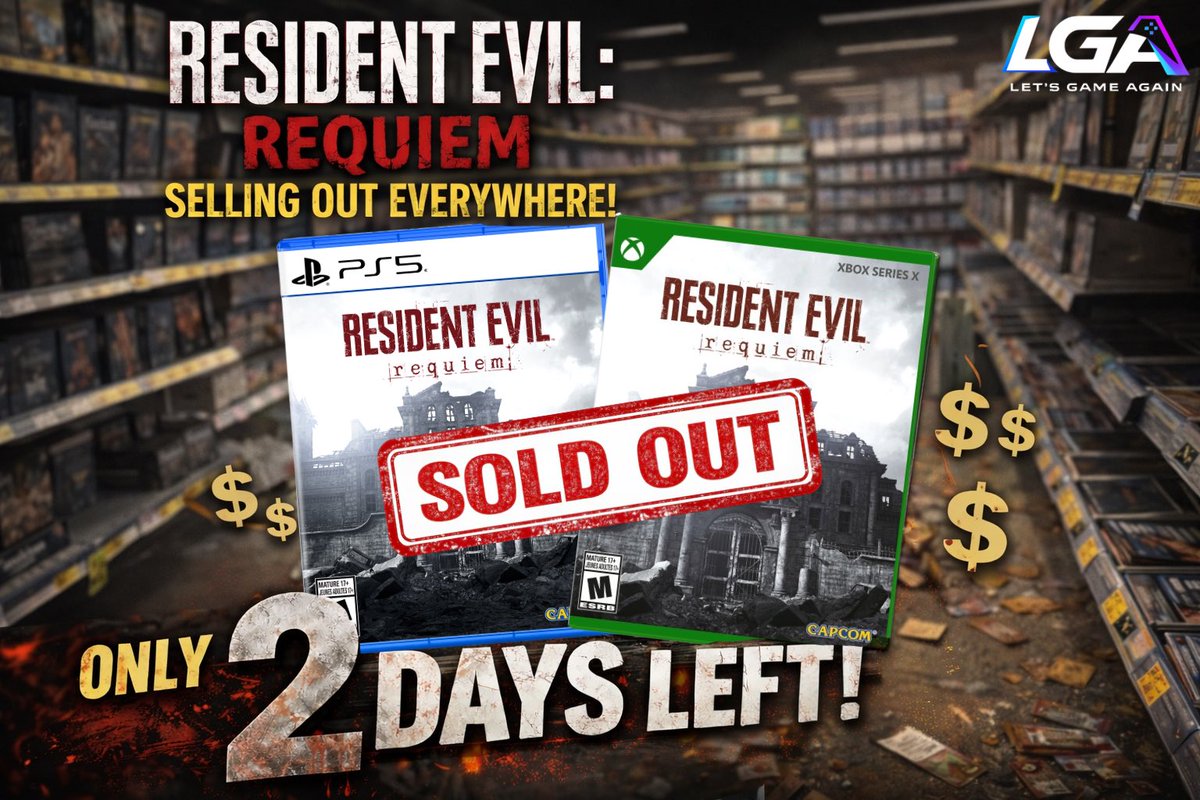 LetsGameAgain's tweet photo. Resident Evil: Requiem drops in 2 days! Physical copies are selling out at GameStop, Best Buy, Target &amp; Amazon. Might have to go digital for now. Day 1 numbers will be wild! Going physical or digital (for now)?

#ResidentEvilRequiem #gaming #news #xbox #playstation #FYP #zombie https://t.co/Y9ZzQqvQg5