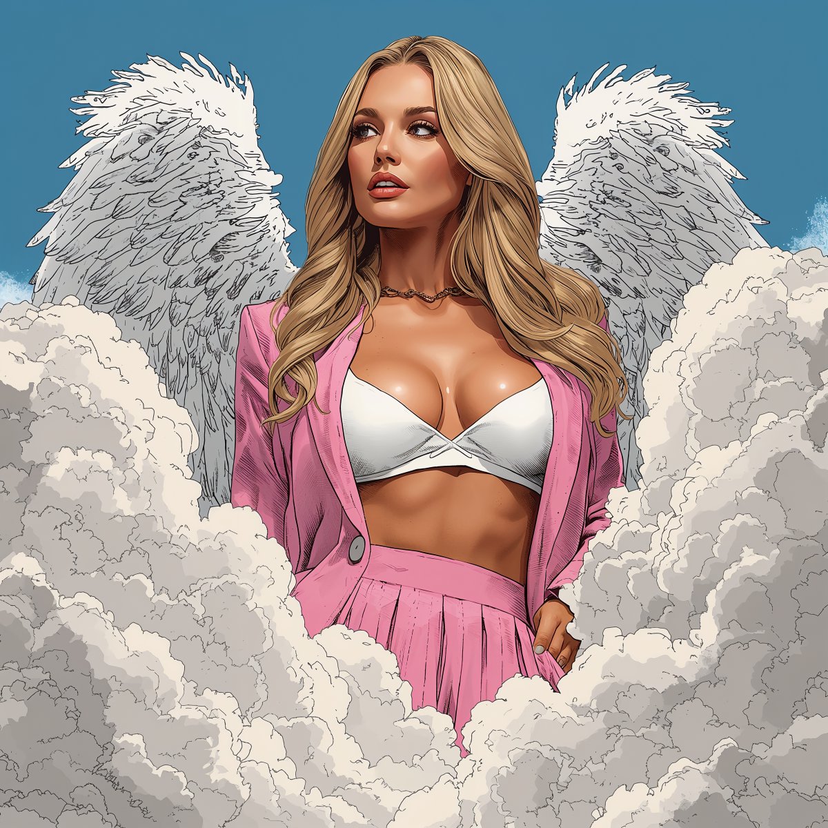 ppgrainbow's tweet image. I liked the AI-generated photo of the blonde girl in a pink business outfit so much, I decided to image her in a heavenly portrait using Lucid Origin via Arena!

If you like it, you can save this as wallpaper...on your PC or on your phone! 😊

#AI #HeavenlyPortrait #Illustration