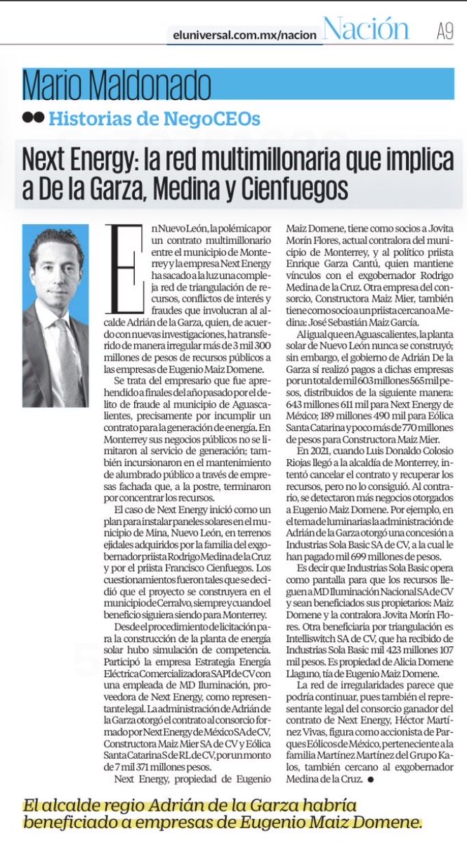 Next Energy: La red multimillonaria que implica a De la Garza, Medina y Cienfuegos

En Nuevo León, la polémica por un contrato multimillonario entre el municipio de Monterrey (<a href="/mtygob/">Gobierno Monterrey</a>) y la empresa Next Energy ha sacado a la luz una compleja red de triangulación de recursos,