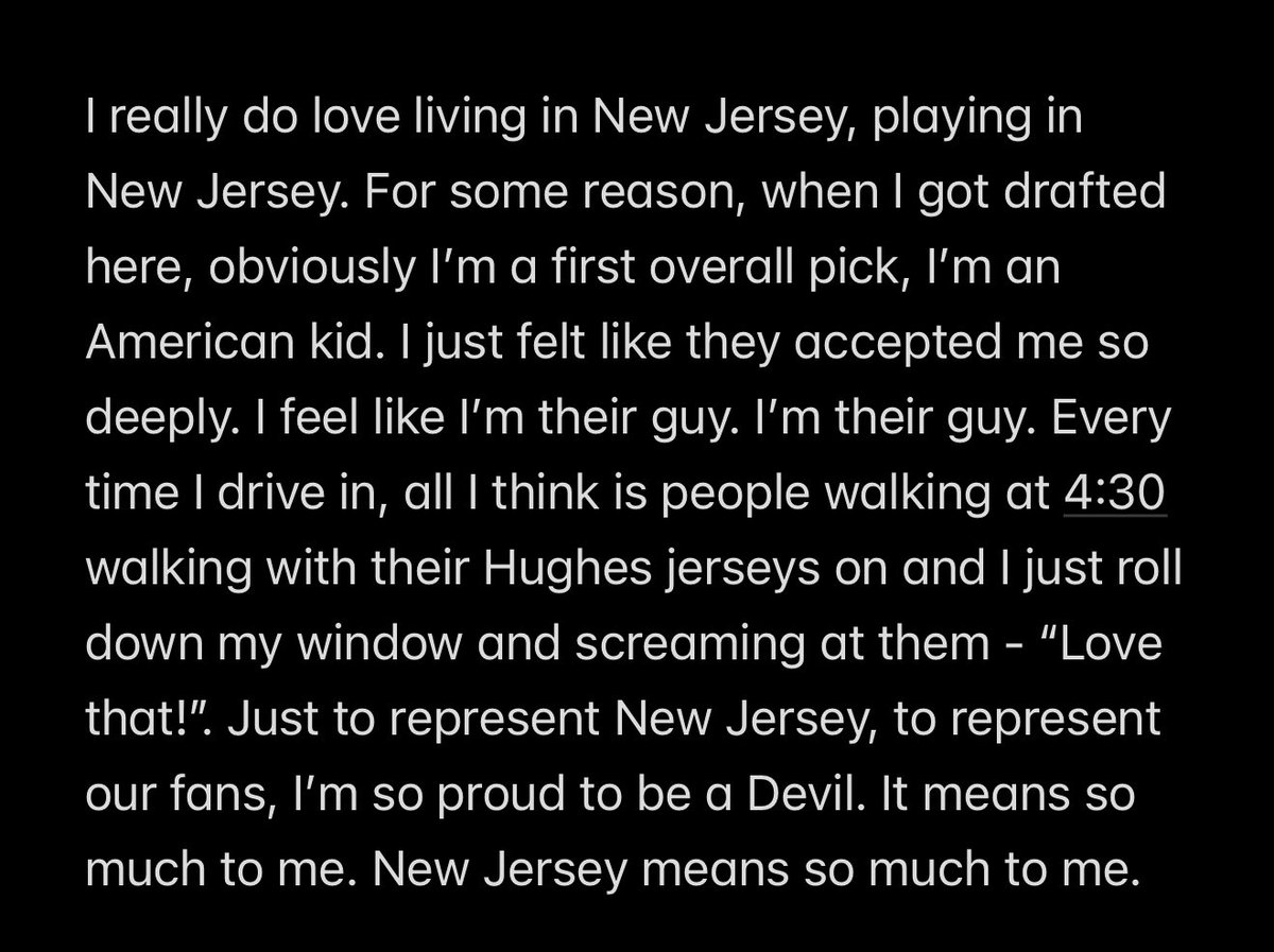 amandacstein's tweet photo. Jack Hughes expressed his deep gratitude  for what it means to be a #NJDevils.

“For some reason, when I got drafted here, obviously I’m a 1st overall pick, I’m an American kid, I just felt like they accepted me so deeply. I feel like Im their guy. New Jersey means so much to me. https://t.co/BbaLhl5Ejy