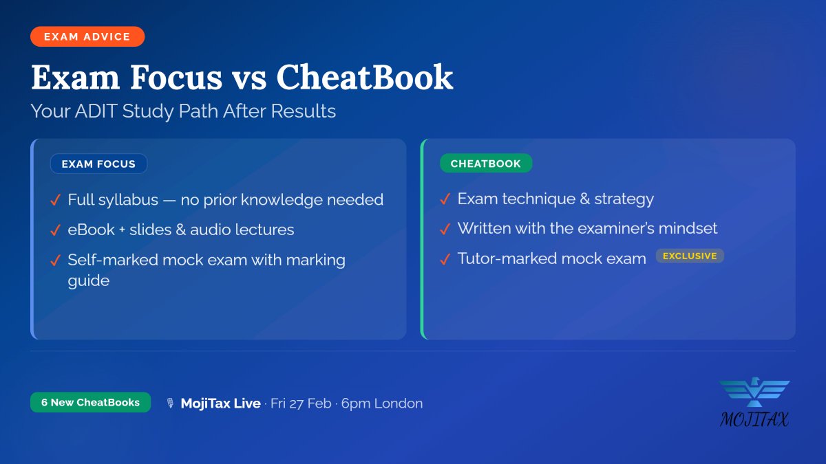 MojitaxTraining's tweet photo. ADIT results out — what’s next?

📘 Exam Focus = full syllabus from scratch
📗 CheatBook = exam skills + tutor-marked mock

6 new CheatBooks this week!

🎤 MojiTax Live: Fri 27 Feb, 6pm

https://t.co/jgaafFRuC4 #ADIT #TaxExam https://t.co/18fAKMPSo5