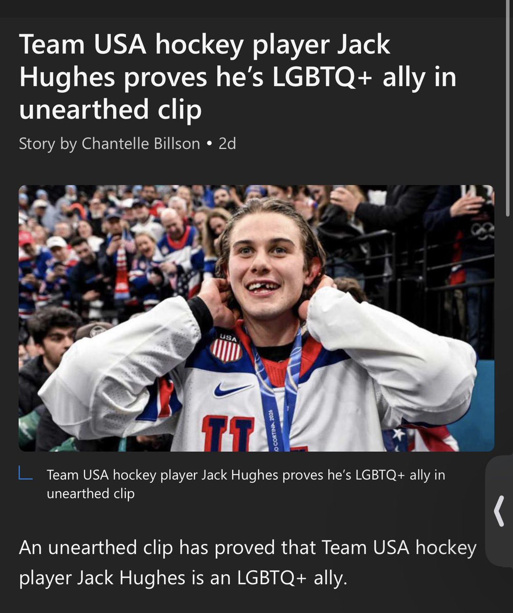 You know what’s funny and demonstrative about the left and media pretending to be offended by hockey players?

When the NHL tried pride stuff and the players revolted, Jack Hughes was the most vocal supporter.

He’s a lefty and known as an ally to the rainbow people. Yet not one