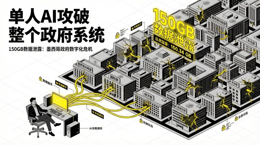 黑客利用  Claude 黑掉整个墨西哥政府

窃取了 150GB 墨西哥政府数据 
1.95 亿纳税人记录、选民档案、公务员密码...

整个过程只使用了一台电脑+Claude、GPT月费会员

以色列网络安全公司 Gambit Security 的调查报告，曝出了一起震动AI圈的事件：

一名身份不明的黑客，通过"越狱"Anthropic 的 AI