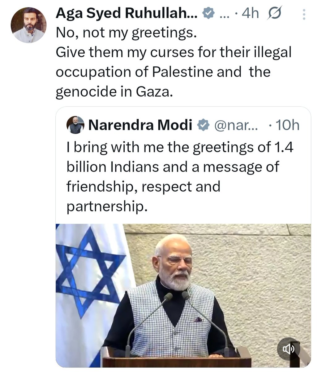 Next time anybody gaslights you about the slide of democracy in the World's largest and oldest democracy, show them this tweet. The head of Indian state visits Israel on an official visit, to secure India's National Interests. A sitting Member of Parliament, from India's Muslim