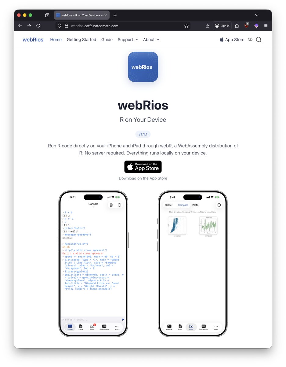 webRios started as "what if #rstats just worked on your iPhone or iPad" and now it has a whole documentation site. Feels like the app grew up a little today.

webrios.caffeinatedmath.com

#webr #ios #webassembly