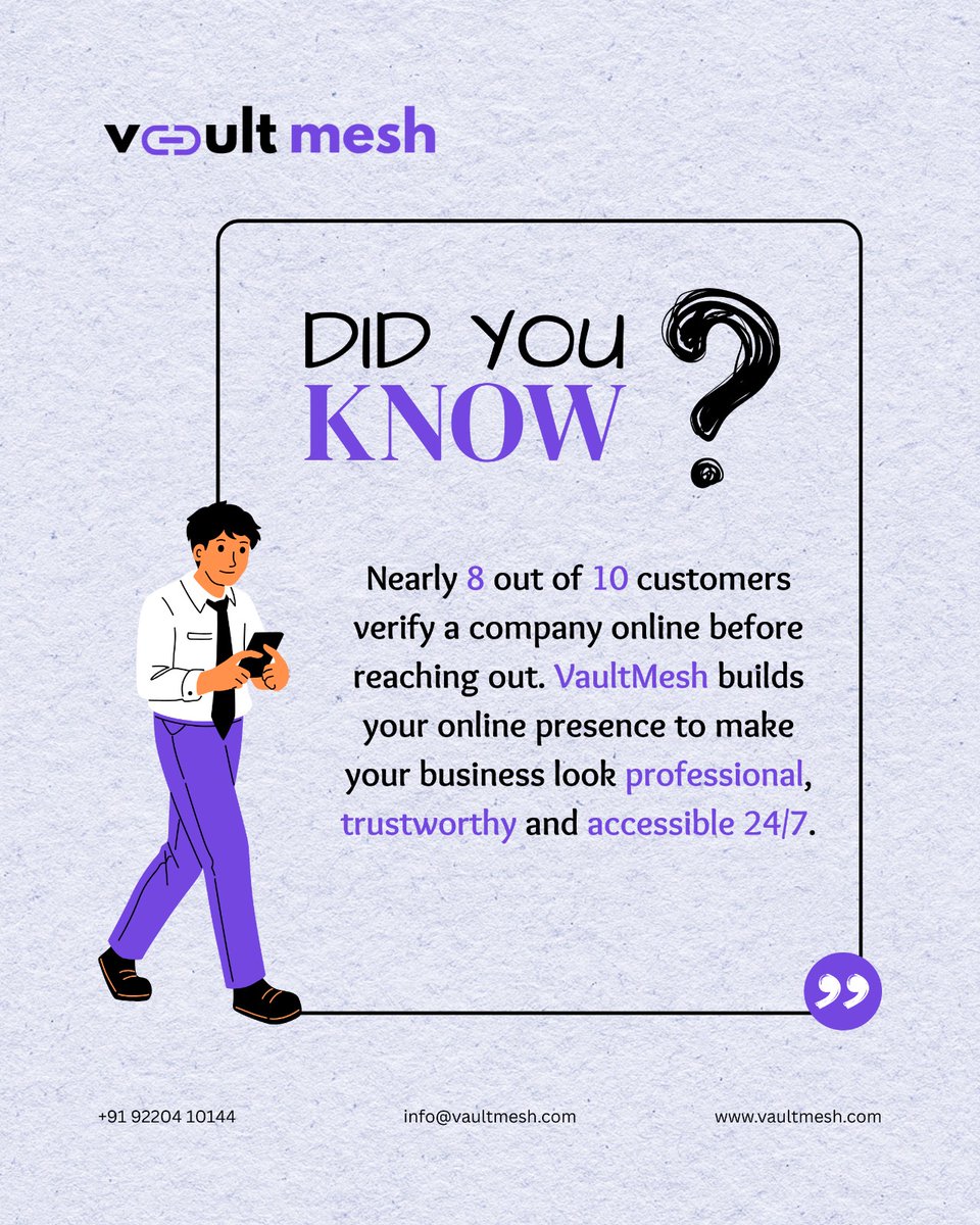 vaultmesh's tweet photo. 🚀 DID YOU KNOW?
If your business isn’t visible online…
You’re already losing potential customers. ❌
Let’s turn visitors into customers and clicks into conversions. 

📲 Connect with VaultMesh today
🌍 https://t.co/u6uJGBFffR
📧 info@vaultmesh.com
📞 +91 92204 10144
#VaultMesh https://t.co/asyb6CiO9A