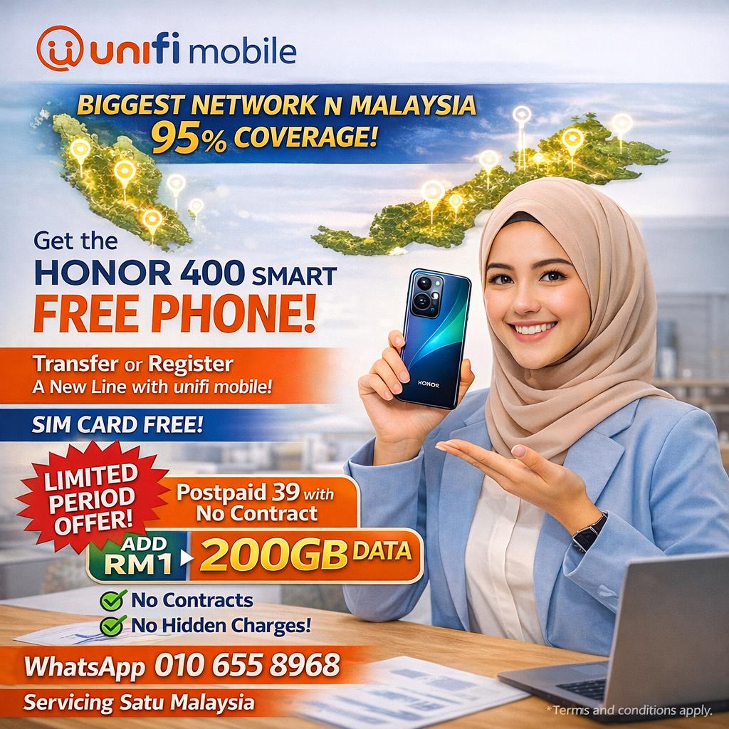unifies's tweet photo. Switch or new register uni5g, free.

1. Maintain the same number 
2. Claim your free phone 
3. 95% coverage in Malaysia  
4. Easy register and deliver nationwide  
5. Postpaid 39, no contract, add RM1 for 200GB
@ ⁨010-655 8968⁩  https://t.co/WZFiA0DF3r  

#UnifiMobile #TMunifi https://t.co/pmYQRcA4aj