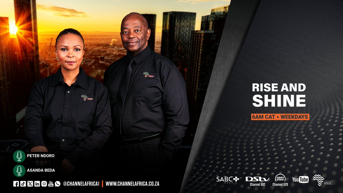 channelafrica1's tweet photo. Your Thursday morning starts here! ☀️

Tune in to #RiseAndShine with @peterndoro &amp; @FavoredAsa for the latest from across Africa 🌍
🕘 Until 09:00 CAT

📺 SABC Plus | DStv 802 | OpenView 628
▶️ LIVE: https://t.co/Q9x1lT2WyG https://t.co/aV1xzT97TD