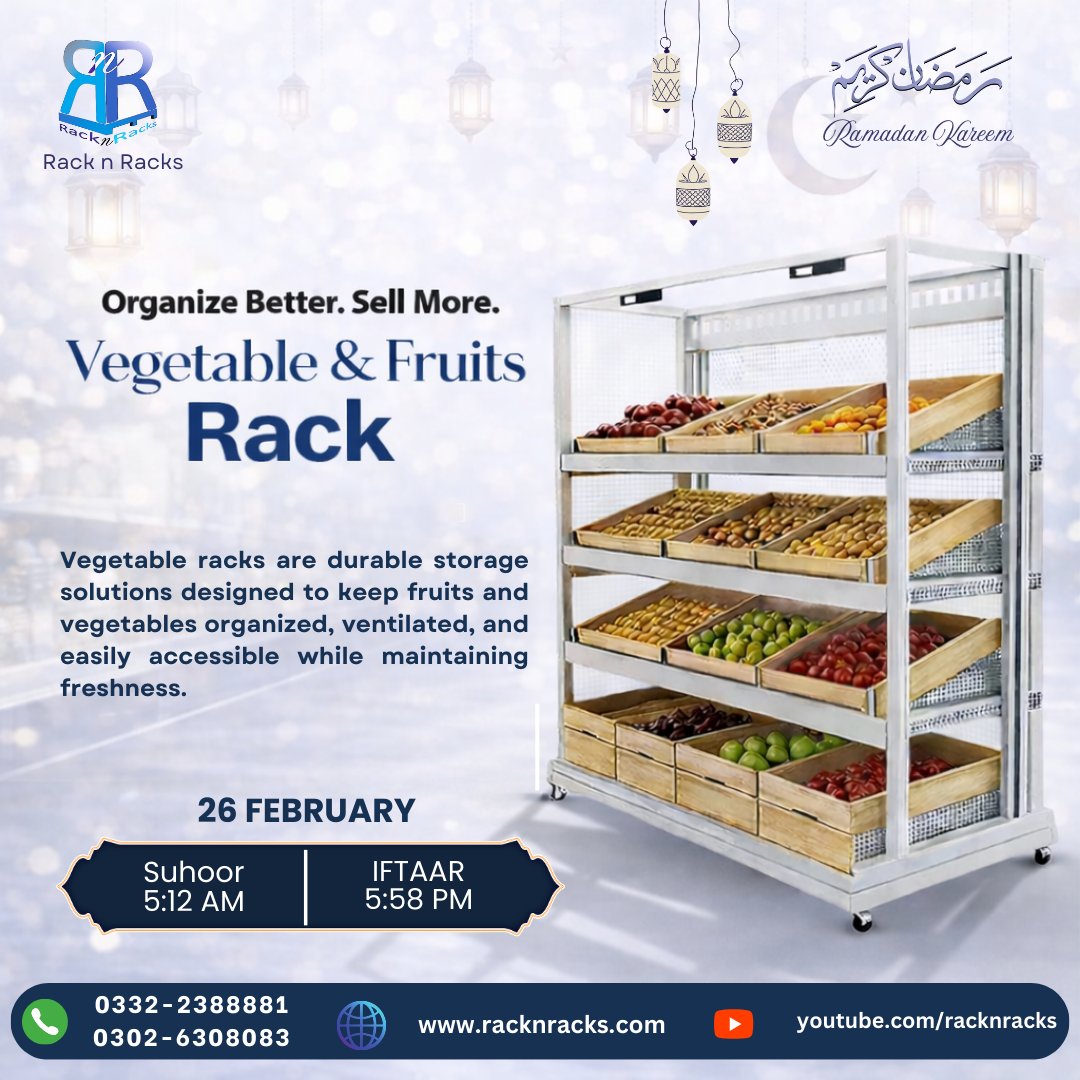 RnrRacks's tweet image. Make your store ready for the Ramadan rush with our Vegetable &amp;amp; Fruits Racks, designed to keep produce fresh, organized, and beautifully displayed.
📞 Contact Us to Order:
📲 0332-2388881 | 0302-6308083
#RamadanKareem #VegetableRack #GroceryStoreRack #SupermarketShelving